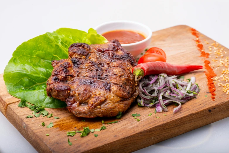 a wooden cutting board topped with meat and vegetables, a picture, greek ameera al taweel, profile image, pork, grill