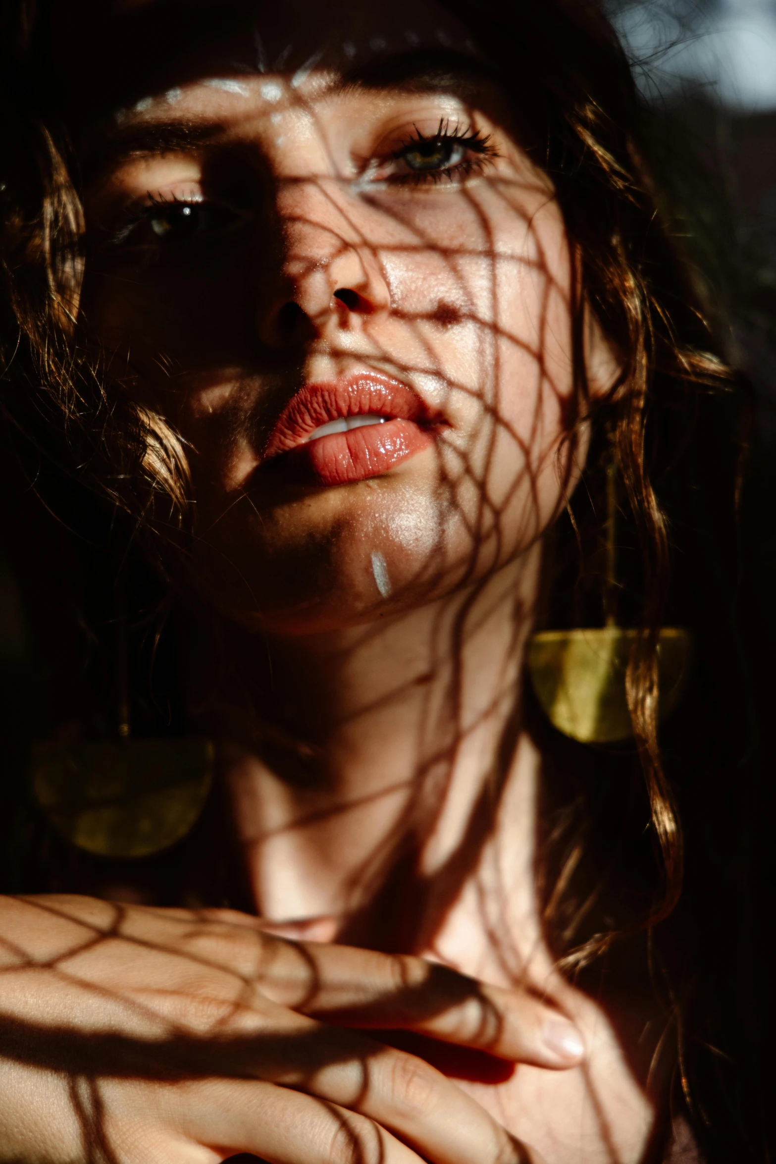 a close up of a person with long hair, inspired by Elsa Bleda, torn mesh, luscious red lips, sun glare, ignant