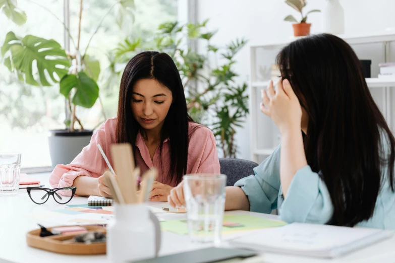 two women sitting at a table with papers and pens, a drawing, trending on pexels, japanese collection product, full colour, college, te pae