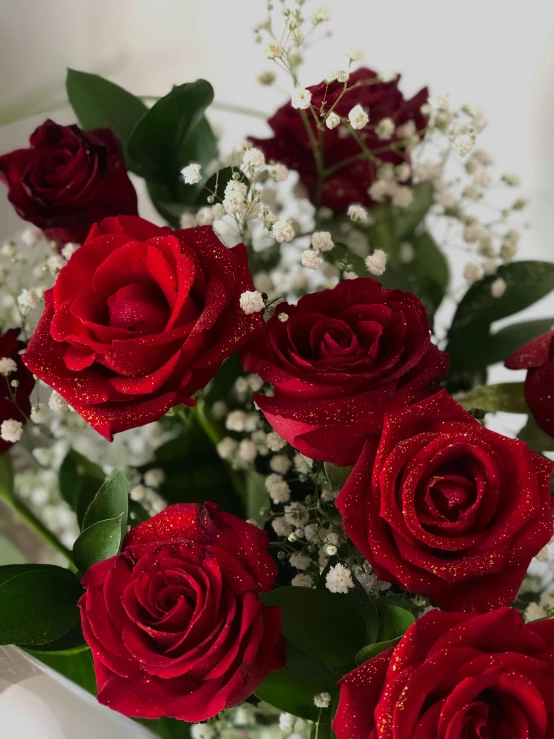 a vase filled with red roses and baby's breath, up-close, extra detail, velvet, zoomed in