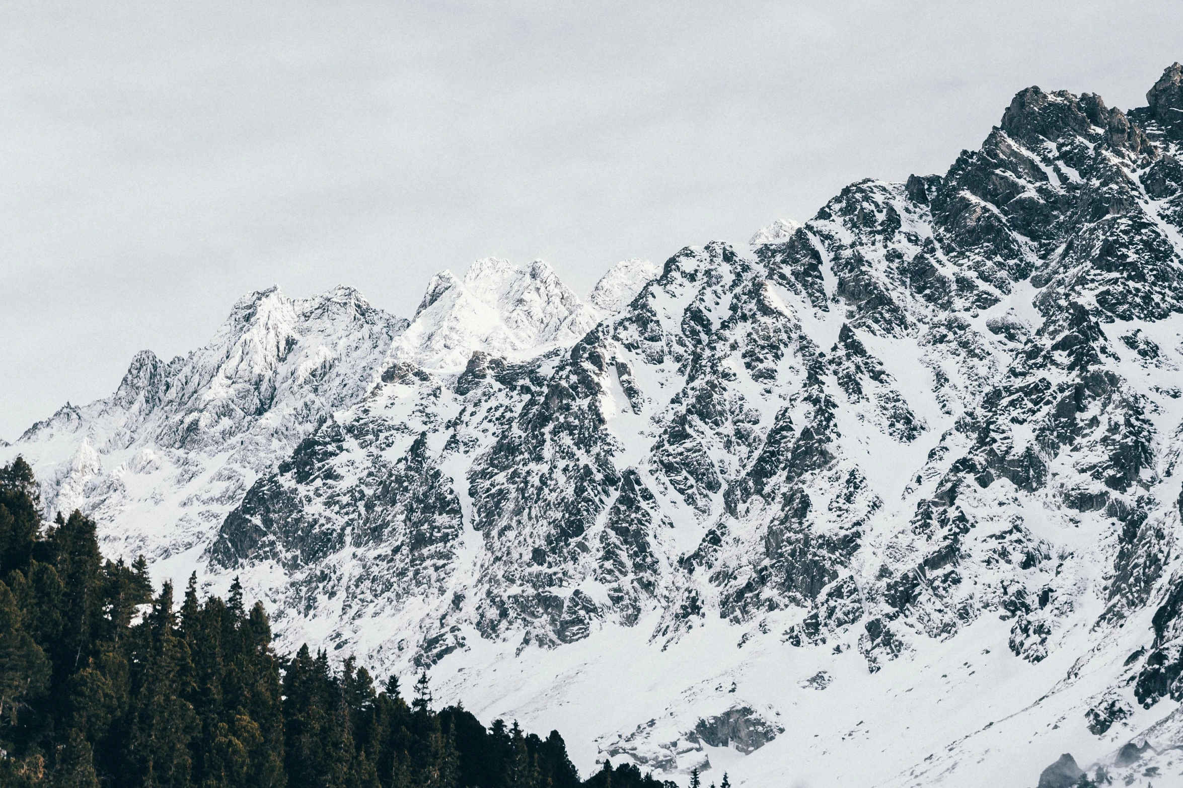 a group of people riding skis down a snow covered slope, trending on pexels, visual art, breathtaking himalayan landscape, grey, a cozy, on a canva