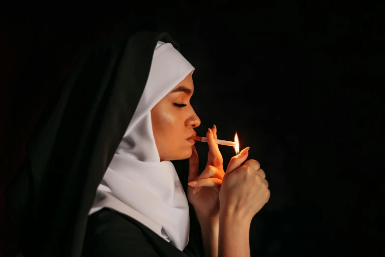 a nun lighting a candle in the dark, an album cover, inspired by Master of the Legend of Saint Lucy, shutterstock, hyperrealism, lips on cigarette, hijab, soft devil queen madison beer, top selection on unsplash