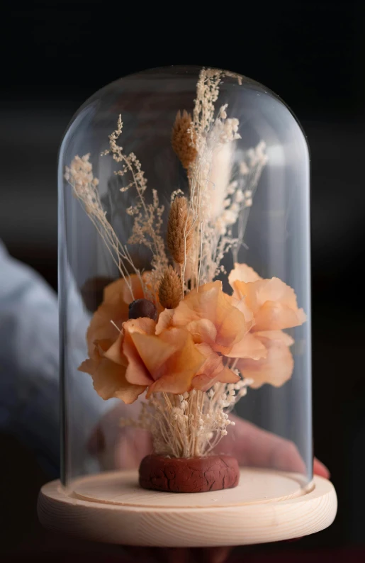 a close up of a person holding a flower in a glass dome, textured base ; product photos, lion's mane, dried flowers, slide show