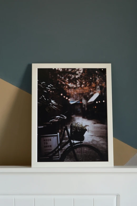 a picture of a bike sitting on top of a shelf, a polaroid photo, full colour print, cozy cafe background, street printed poster, cosy enchanted scene