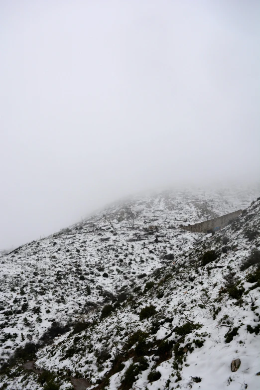 a mountain covered in snow on a cloudy day, les nabis, uneven dense fog, covered in salt, looking down, no crop