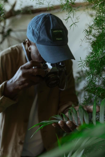 a man in a hat looking at a plant, a picture, unsplash contest winner, behind the scenes photo, lush gnarly plants, spying discretly, museum photography
