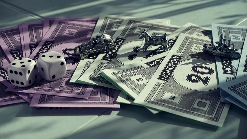 a couple of dice sitting on top of a pile of money, a digital rendering, unsplash, toys, monocolor, instagram post, brett amory