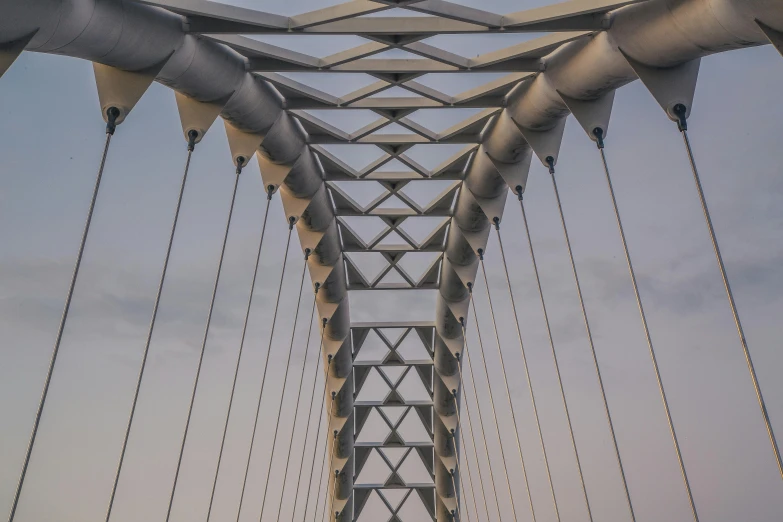 a group of people walking across a bridge, a picture, inspired by Zaha Hadid, pexels contest winner, detail structure, high arches, stainless steel, front on