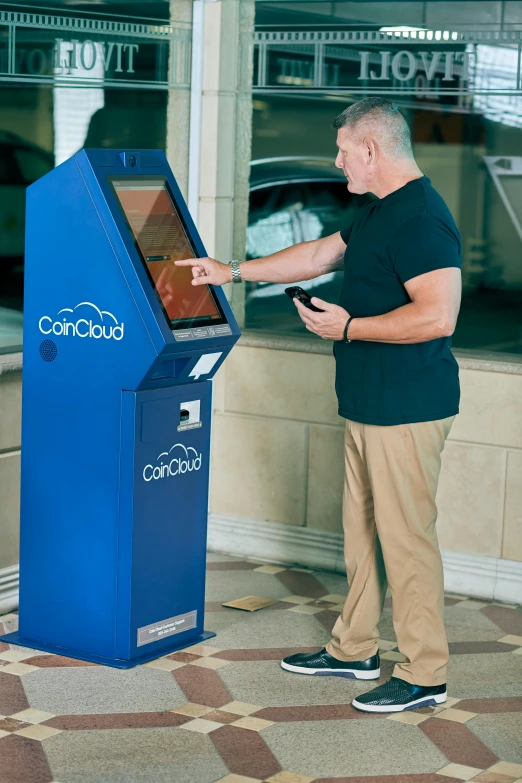 a man standing in front of a blue machine, corporate holograms, customers, florida man, contourless