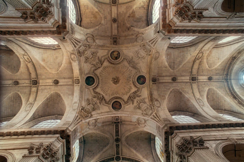 a view up into the ceiling of a cathedral, by Robert Griffier, baroque, symmetrical image, gothic building style, aerial spaces, dry archways and spires