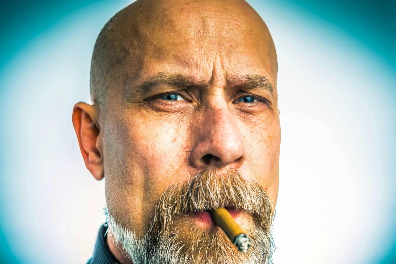 a bald man with a cigarette in his mouth, by Jesper Knudsen, unsplash, hyperrealism, a salt&pepper goatee, looking serious, mark schultz, promo image
