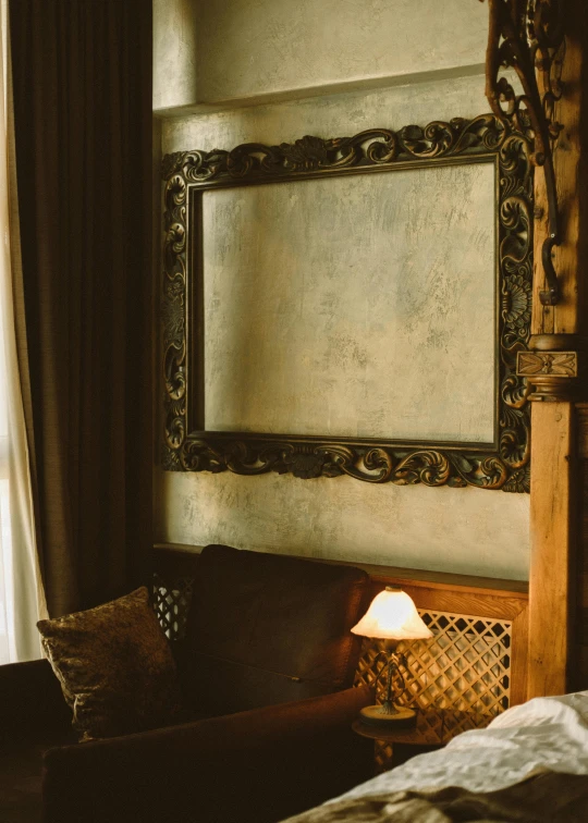 a bed sitting in a bedroom next to a window, a portrait, inspired by Riad Beyrouti, trending on unsplash, art nouveau, mirror texture, sitting on vintage leather sofa, movie frame, thumbnail