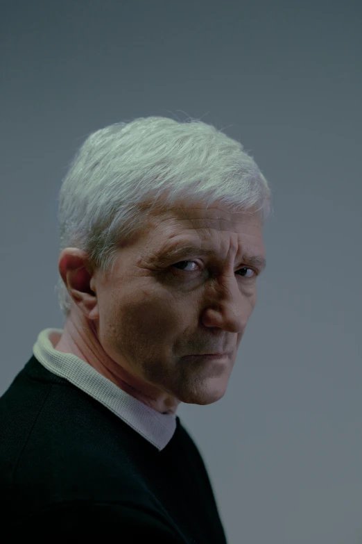 a man with white hair wearing a black sweater, an album cover, inspired by John Watson Gordon, hyperrealism, morph dna, ( ( theatrical ) ), tv still, lewandowski