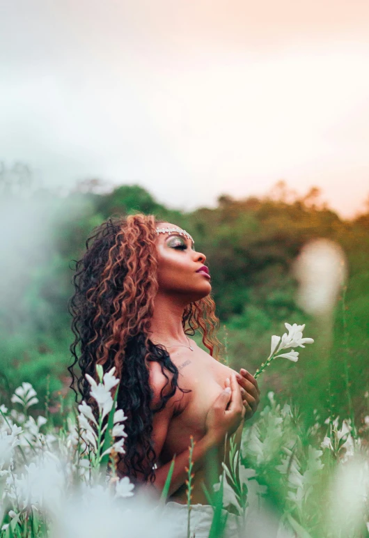 a naked woman standing in a field of flowers, an album cover, trending on pexels, epic 3 d oshun, 5 0 0 px models, patron saint of 🛸🌈👩🏾, in a jungle