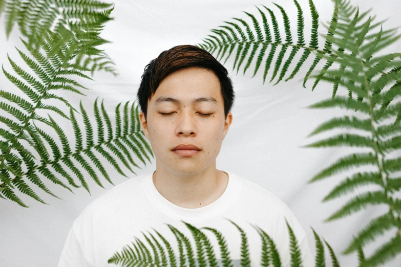 a close up of a person with their eyes closed, inspired by Fei Danxu, trending on pexels, ferns, in front of white back drop, asian male, lush greens