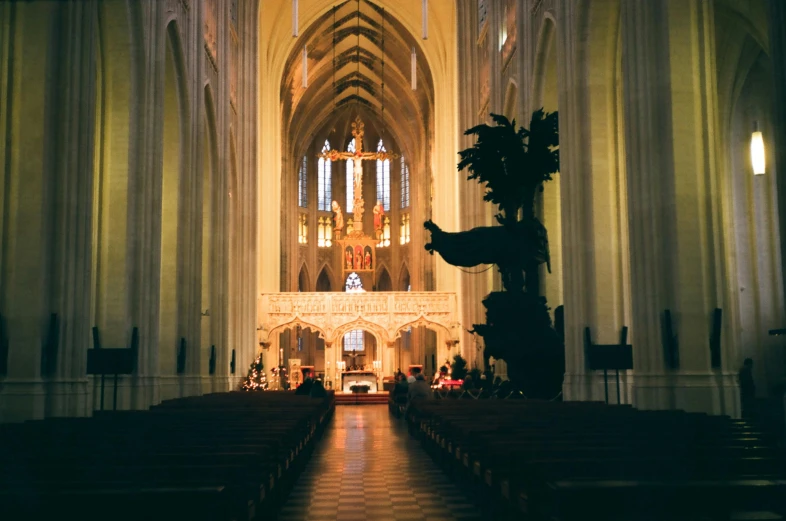 the interior of a church with rows of pews, a picture, inspired by Barthélemy d'Eyck, unsplash, alabaster gothic cathedral, gif, 1990s photograph, in the evening