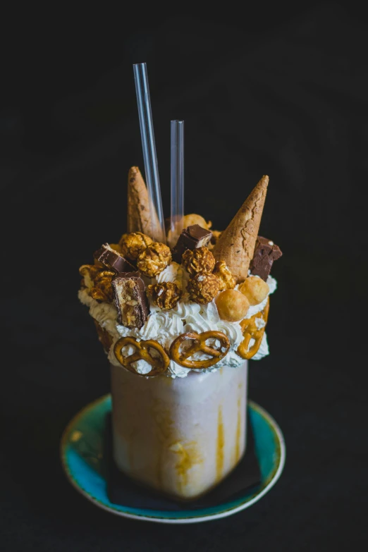 a chocolate milkshake topped with ice cream and pretzels, a portrait, by Lee Loughridge, trending on pexels, cone shaped, product design shot, o'neill cylinder, fantasy inspired