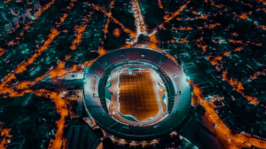 an aerial view of a stadium at night, by Daniel Lieske, pexels contest winner, 🐝👗👾, historical photo, beautiful sunny day, instagram post