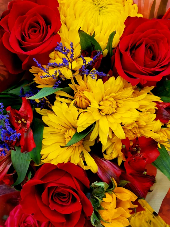 a close up of a bouquet of flowers on a table, primary colors, closeup!!, fall vibrancy, slide show