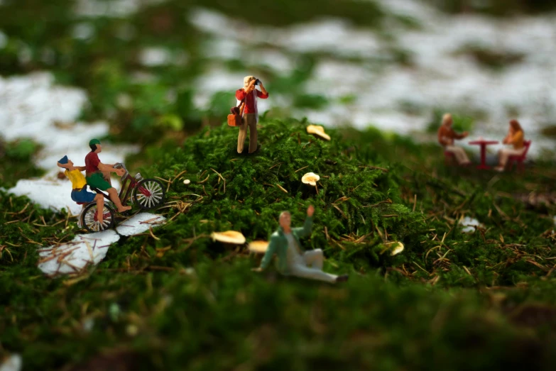 a group of small figurines sitting on top of a lush green field, inspired by Hendrick Avercamp, pexels contest winner, environmental art, trekking in a forest, patches of moss, beautiful render of a fairytale, miniature photography