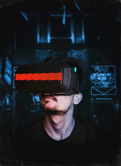 a man wearing a virtual reality headset in a dark room, pexels contest winner, hypermodernism, red glowing eyes, he wears dark visors, ((raytracing)), game cover