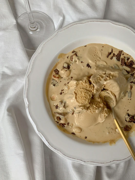 a bowl of ice cream with a spoon in it, inspired by Joris van der Haagen, taupe, guache, listing image, close shot