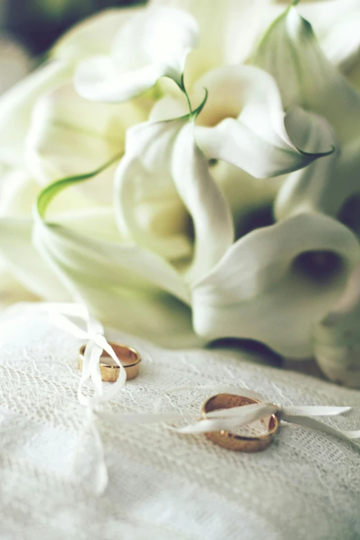 a couple of wedding rings sitting on top of a white cloth, lillies, white ribbon, intricate detail