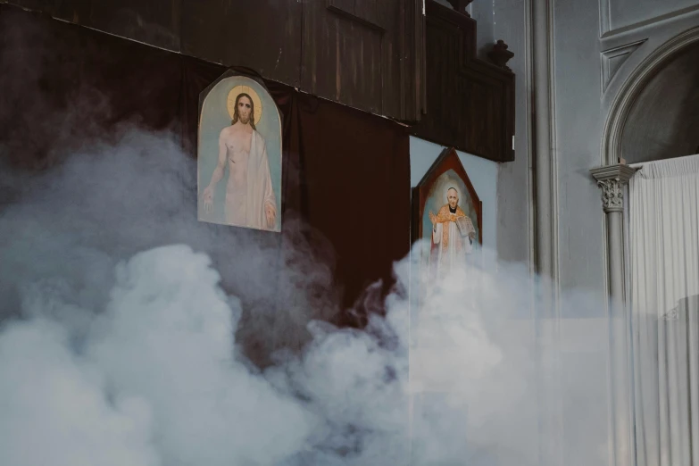 a group of people standing in front of a church, by Attila Meszlenyi, pexels contest winner, surrealism, smoke filled room, the three marys at the sepulchre, jayson tatum as mother mary, displayed on the walls