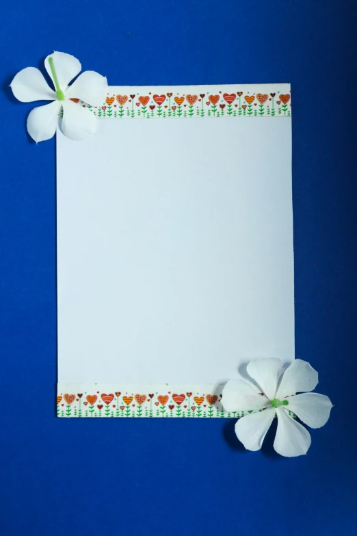 a piece of paper with flowers on a blue background, thumbnail, 15081959 21121991 01012000 4k, promo image, white frame