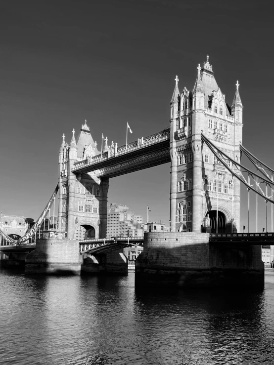 a black and white photo of the tower bridge, by John Gibson, leading to a beautiful, by greg rutkowski, william open, van