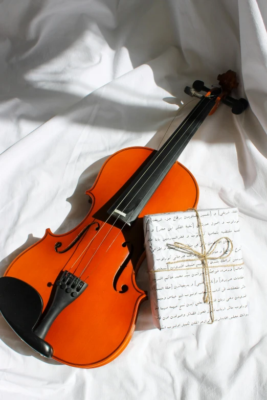 a violin sitting on top of a bed next to a present, orange and white, item, vanilla, profile picture