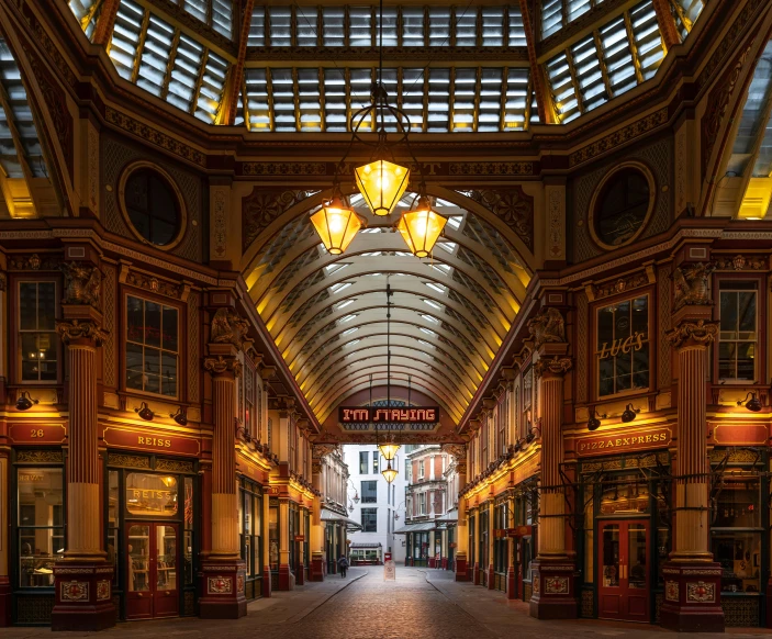 the inside of a building with a lot of windows, an album cover, inspired by John Atkinson Grimshaw, unsplash contest winner, a busy arcade, victorian london, calm evening, sweeping arches