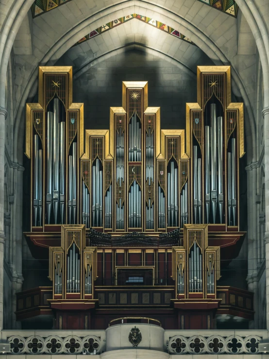 a large pipe organ sitting inside of a church, an album cover, inspired by Bryan Organ, unsplash, photographic hyperrealism, silver, golden windows, cornell