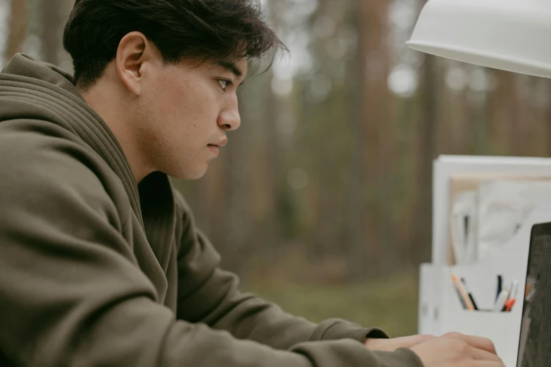 a man sitting in front of a laptop computer, by Adam Marczyński, pexels contest winner, realism, forest picnic, asian male, close up shot from the side, stands at a his easel