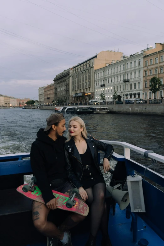 a man and a woman are sitting on a boat, a picture, saint petersburg, kailee mandel, split near the left, mix