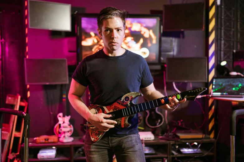 a man playing a guitar in a music studio, by Jason Benjamin, looking threatening, holding a silver electric guitar, avatar image, julian ope