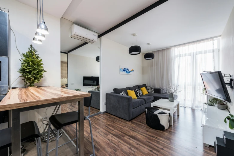 a living room filled with furniture and a flat screen tv, by Adam Marczyński, unsplash, light and space, neo kyiv, beachfront, airbnb, suspended ceiling