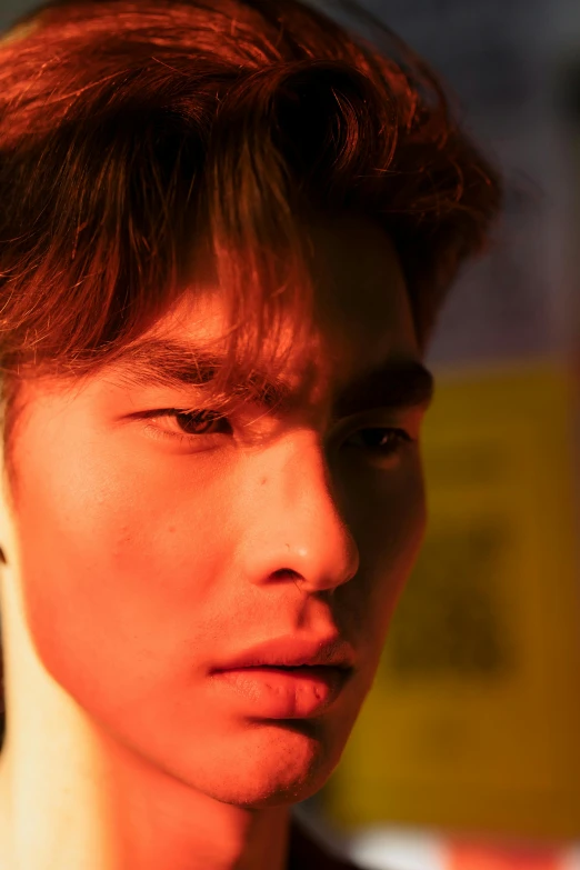 a close up of a person with red hair, inspired by Zhang Han, 8 0 s asian neon movie still, dramatic lighting man, gunwoo kim and j.dickenson, intense expression