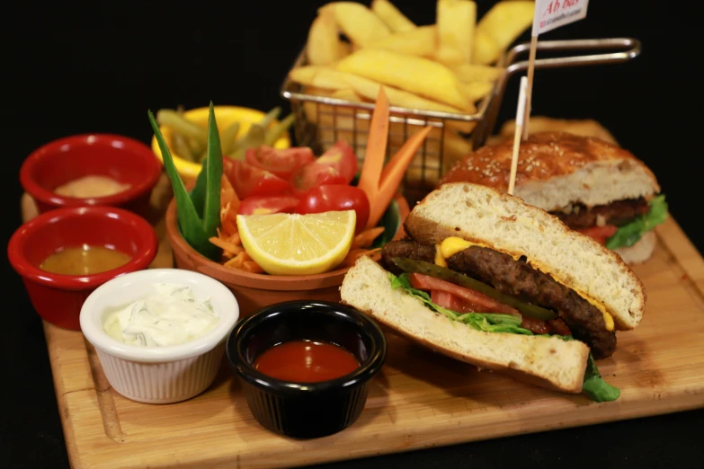 a wooden cutting board topped with a sandwich and fries, hurufiyya, profile image, daily specials, mekka, unbeatable quality