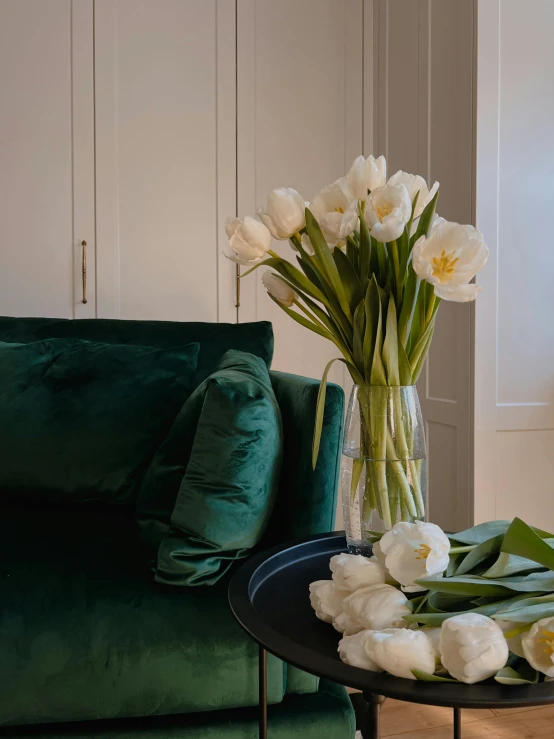 a living room filled with furniture and flowers, inspired by Art Green, romanticism, wearing a luxurious velvet robe, high-quality photo, tulip, green and white