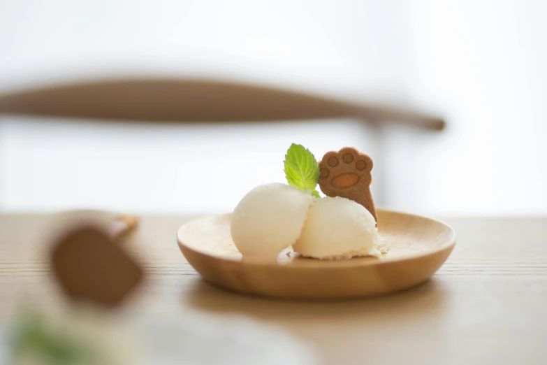 a wooden plate topped with two scoops of ice cream, inspired by Maruyama Ōkyo, unsplash, shin hanga, japanese dog, clover, white, soft atmosphere