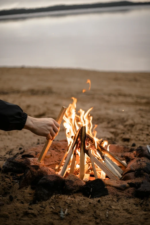 a person roasting marshmallows over a campfire on the beach, pexels contest winner, land art, autumnal, subtle detailing, a wooden, aboriginal