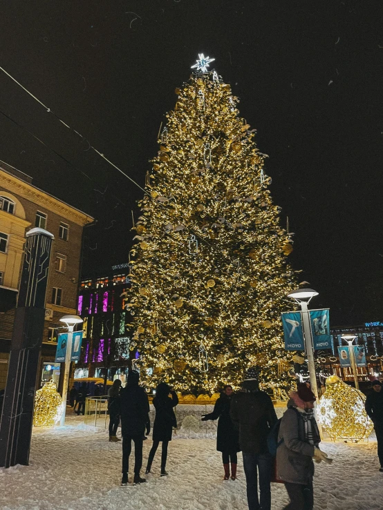 a group of people walking in front of a christmas tree, by Emma Andijewska, pexels contest winner, hurufiyya, an enormous silver tree, square, 🚿🗝📝, thumbnail