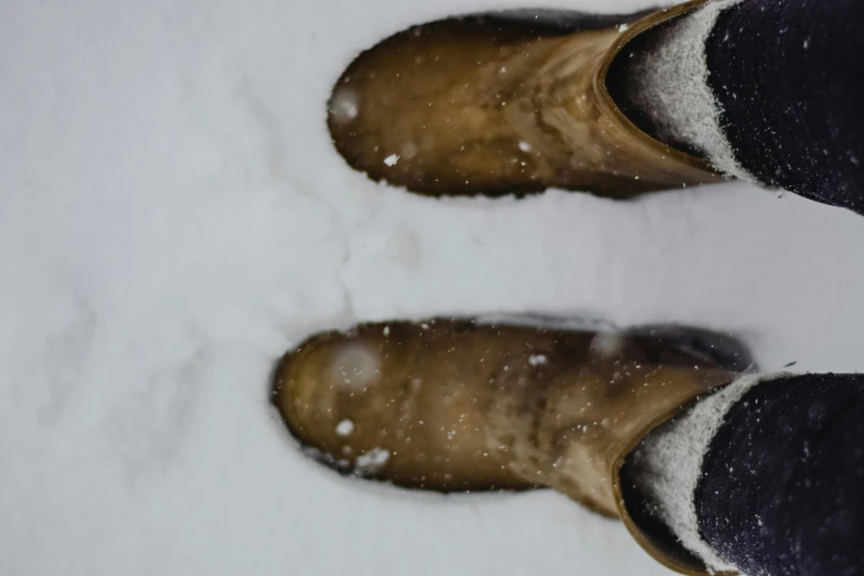 a person standing in the snow wearing brown boots, trending on pexels, photorealism, viewed from above, fan favorite, stacked image, thumbnail