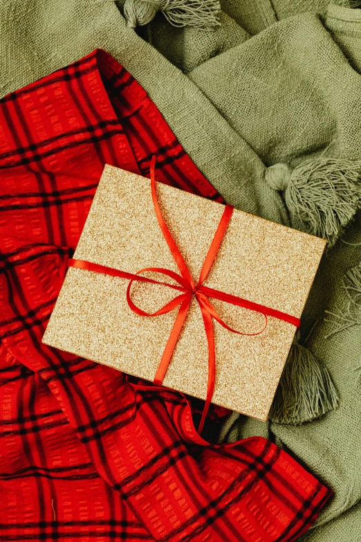 a present sitting on top of a green blanket, red scarf, gold linens, orange ribbons, uncropped