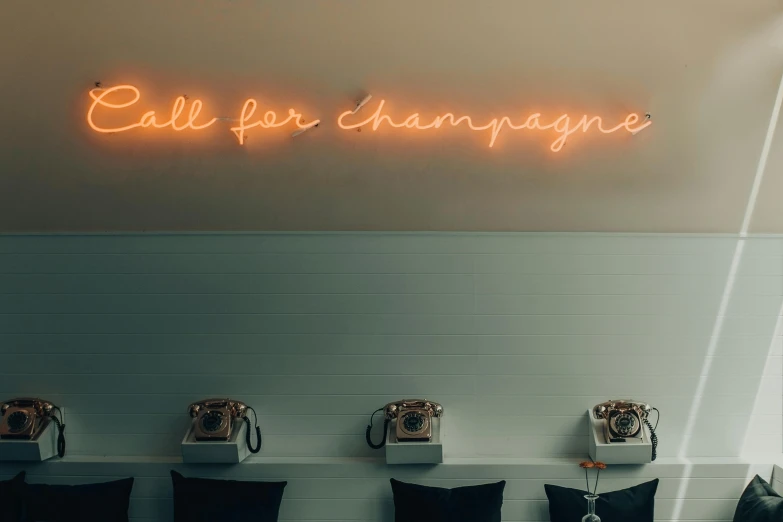 a neon sign that says call for change on a wall, inspired by Elsa Bleda, unsplash contest winner, maximalism, champagne on the table, champagne commercial, 5 0's diner, profile pic