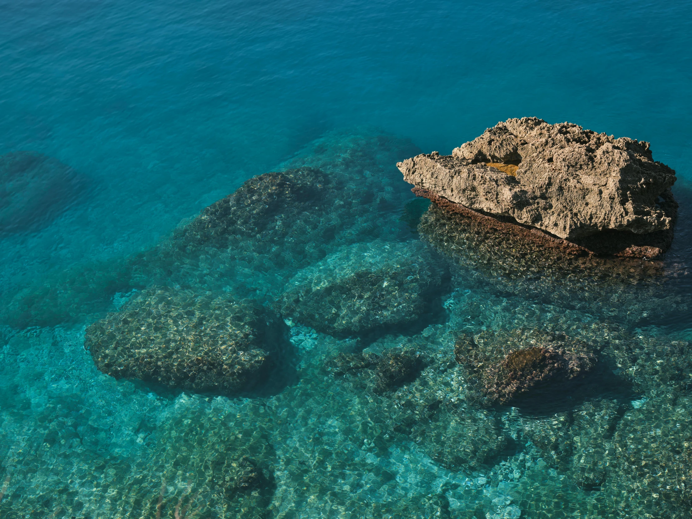 a large rock in the middle of a body of water, by Simon Marmion, pexels contest winner, azure blue water, cyprus, a high angle shot, corals