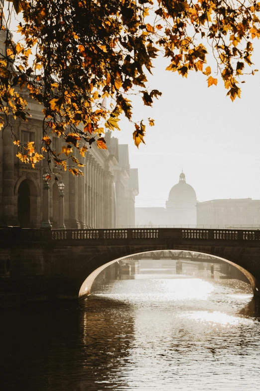 a bridge over a river with a building in the background, by Christopher Wren, pexels contest winner, baroque, soft autumn sunlight, light mist, pantheon, schools