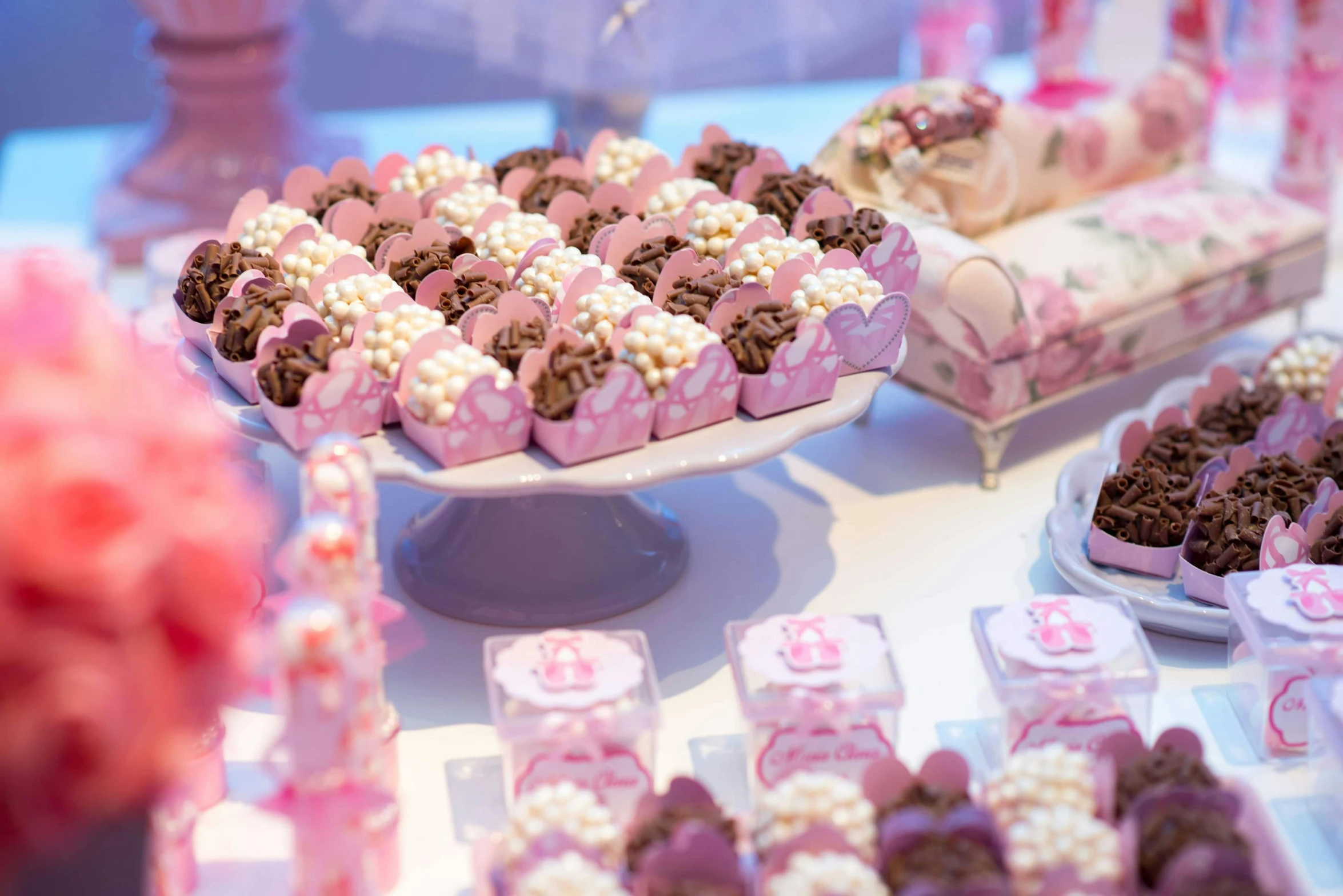 a table topped with lots of different types of desserts, a cartoon, by Anna Findlay, pexels, happening, soft light 4 k in pink, square, event, chocolate