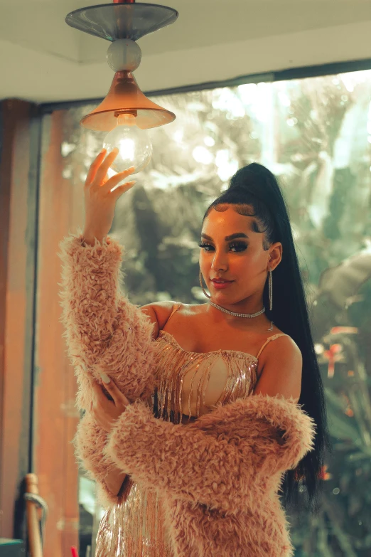 a woman standing next to a lamp in a room, an album cover, trending on pexels, cardi b, glam hair, 15081959 21121991 01012000 4k, doing a majestic pose